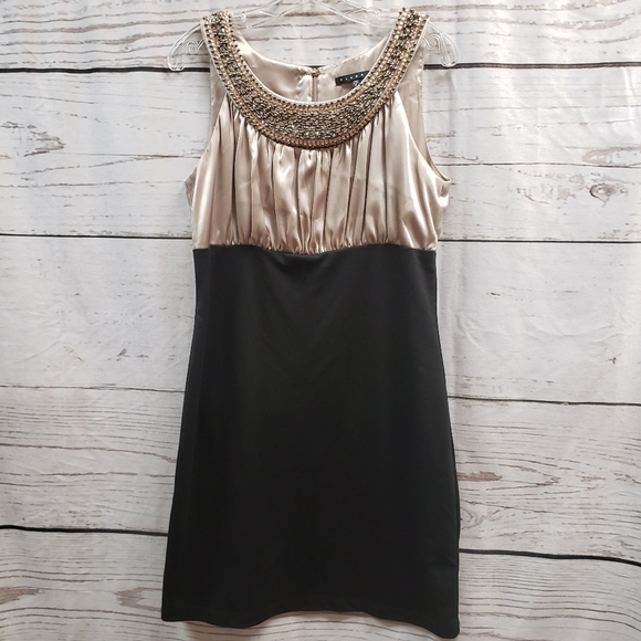 Tiana B. Dresses & Skirts - Tiana B Size 10 Black Tan Beaded Neckline Ruched Bodice Dress Knee Sleeveless